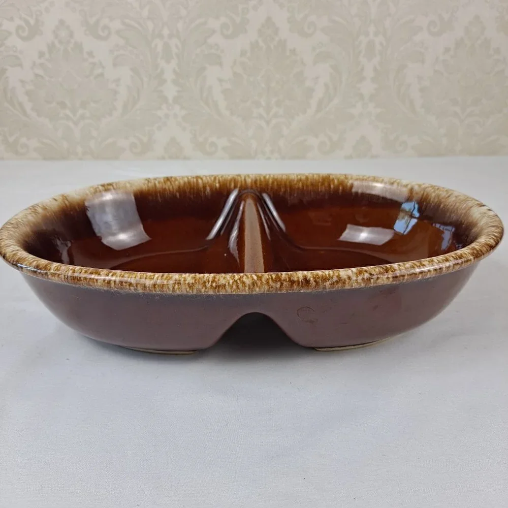 Hull Pottery Brown Drip Glazed Divided Dish made In USA Oven Proof Vintage